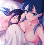  2girls bed_sheet blue_hair blush breasts closed_mouth collarbone hugtto!_precure large_breasts looking_at_viewer lying multiple_girls negom nipples nude precure self_shot sleeping smile solo_focus yakushiji_saaya 