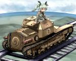  anchovy anzio_(emblem) anzio_military_uniform breasts carro_veloce_cv-33 caterpillar_tracks cloud commentary_request day drill_hair emblem girls_und_panzer green_hair ground_vehicle long_hair military military_vehicle motor_vehicle railroad_tracks red_eyes sky smile takahashi_rodemu tank twin_drills 
