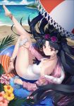  anklet balusah barefoot beach beach_umbrella black_hair blue_sky blue_umbrella casual_one-piece_swimsuit chinese_commentary cloud commentary_request day earrings eyewear_on_head fate/grand_order fate_(series) full_body fur-trimmed_jacket fur_trim hoop_earrings innertube ishtar_(fate/grand_order) jacket jewelry leg_up long_hair ocean one-piece_swimsuit outdoors pink_jacket red_eyes sky solo strapless strapless_swimsuit sunglasses swimsuit tiara umbrella white_swimsuit 