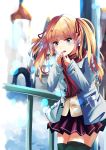  black_legwear blonde_hair blowing_on_hands blue_eyes blurry blurry_background coat duffel_coat fang hair_ribbon hands_up liukensama md5_mismatch original pleated_skirt railing red_ribbon red_scarf ribbon scarf school_uniform skirt solo standing twintails visible_air 