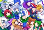  :3 :o :q ;) ;d absurdres american_flag_dress animal_ear_fluff animal_ears arm_up bangs black_bow black_hair black_hairband black_hat black_ribbon blonde_hair blouse blue_dress blue_eyes blue_neckwear blue_skirt bob_cut bow braid breasts brown_hair bunny_ears cat_ears clownpiece collarbone commentary_request covering_mouth dress eyebrows_visible_through_hair frog_hair_ornament green_background green_bow green_dress green_eyes green_hair green_ribbon green_vest hair_between_eyes hair_bow hair_ornament hair_ribbon hair_tubes hairband hands_up hat head_tilt highres holding_hands horns huge_filesize ishimu izayoi_sakuya jester_cap kaenbyou_rin kijin_seija kochiya_sanae konpaku_youmu large_breasts long_hair long_sleeves looking_at_viewer maid maid_headdress medium_breasts mononobe_no_futo multicolored_hair multiple_girls neck_ribbon neck_ruff necktie nishida_satono one_eye_closed open_mouth parted_lips pink_dress pink_eyes polka_dot_hat pom_pom_(clothes) ponytail profile puffy_short_sleeves puffy_sleeves purple_hair purple_hat purple_sash red_dress red_eyes red_hair red_neckwear red_sailor_collar reisen_udongein_inaba ribbon sailor_collar shirt short_hair short_hair_with_long_locks short_sleeves silver_hair simple_background single_sidelock skirt smile snake_hair_ornament streaked_hair striped striped_dress teireida_mai tongue tongue_out toramaru_shou touhou twin_braids twintails upper_body upside-down vest white_blouse white_dress white_hair white_shirt wide_sleeves wing_collar yellow_bow yellow_eyes 