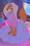  anthro bed black_nose brick candle canine clothed clothing digital_media_(artwork) disney female fluffy fluffy_tail fox fur kneeling looking_at_viewer maid_marian mammal miles_df on_bed orange_fur pillow robin_hood_(disney) smile solo window 