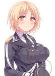  blonde_hair breasts brown_eyes commentary_request girls_frontline hasu_(hk_works) hat hat_removed headwear_removed large_breasts looking_at_viewer military military_uniform mp40_(girls_frontline) necktie short_hair simple_background smile solo uniform white_background 