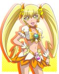  :d blonde_hair bow breasts choker cleavage collarbone cowboy_shot crop_top cure_sunshine earrings eyebrows_visible_through_hair floating_hair gradient gradient_background hair_between_eyes hair_ornament hand_on_hip hanzou head_tilt heartcatch_precure! jewelry long_hair magical_girl midriff miniskirt myoudouin_itsuki navel open_mouth orange_bow orange_skirt polka_dot polka_dot_background precure shiny shiny_hair short_sleeves skirt small_breasts smile solo standing stomach twintails very_long_hair wrist_cuffs yellow_eyes 
