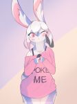  2018 blue_fur blush bottomless bra_straps clothed clothing collarbone disembodied_hand electrycpynk female fur hair inner_ear_fluff lagomorph mammal multicolored_fur one_eye_closed pink_eyes poking rabbit shirt simple_background solo_focus two_tone_fur white_hair 