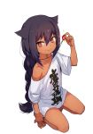  &gt;:) absurdres black_hair braid commentary_request dark_skin fang_out full_body highres jahy jahy_sama_wa_kujikenai jewelry konbu_wakame long_hair looking_at_viewer naked_shirt necklace off_shoulder oversized_clothes red_eyes shirt short_sleeves simple_background single_braid squatting t-shirt white_background white_shirt 
