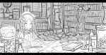  abigail_williams_(fate/grand_order) bangs bloodborne book bookshelf bow brick_wall candle commentary_request crossover eyeball fate/grand_order fate_(series) globe greyscale hair_bow hat indoors jar kan_(aaaaari35) long_hair long_sleeves messy monochrome multiple_girls parted_bangs reading searching yurie_the_last_scholar 