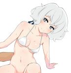  1girl arm_support bangs blush bottomless breasts collarbone eyebrows_visible_through_hair grey_eyes grey_hair hair_ornament highres konno_junko leaning_to_the_side looking_at_viewer low_twintails medium_breasts navel out-of-frame_censoring radio_(mei99) short_hair simple_background sitting smile solo_focus sweat twintails white_background white_bikini_top zombie_land_saga 
