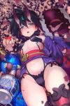  absurdres apple ass_visible_through_thighs black_hair blue_eyes blush breasts cherry_blossoms cosplay cup fate/grand_order fate_(series) food forehead_jewel from_below fruit genderswap genderswap_(mtf) gourd hair_between_eyes headgear highres houshin_engi japanese_clothes kimono long_sleeves looking_at_viewer mimoza_(96mimo414) navel nose_blush obi oni_horns open_clothes open_kimono open_mouth petals purple_kimono revealing_clothes sakazuki sash short_hair short_kimono shuten_douji_(fate/grand_order) shuten_douji_(fate/grand_order)_(cosplay) sideboob small_breasts solo taikoubou thighhighs wide_sleeves 
