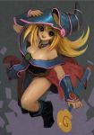  bare_shoulders blonde_hair blue_footwear blush blush_stickers boots breasts choker cleavage commentary_request dark_magician_girl duel_monster hat long_hair looking_at_viewer open_mouth smile solo staff weapon wizard_hat yuu-gi-ou yuu-gi-ou_duel_monsters yuza 