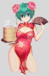  absurdres bamboo_steamer baozi breasts character_request china_dress chinese_clothes cleavage contrapposto cowboy_shot cropped_legs dress eyebrows_visible_through_hair fan floral_print flower folding_fan food genderswap genderswap_(mtf) green_eyes green_hair hair_between_eyes hair_flower hair_ornament highres holding holding_fan holding_tray keroro_gunsou looking_at_viewer medium_breasts mimoza_(96mimo414) no_panties pelvic_curtain pink_flower red_dress short_hair thighs tray 