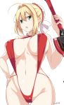  aestus_estus ahoge ass_visible_through_thighs blonde_hair blush breasts bun_cover covered_nipples cowboy_shot fate/extra fate_(series) flying_sweatdrops green_eyes hair_bun hand_on_hip kichihachi large_breasts navel nero_claudius_(fate)_(all) open_mouth simple_background slingshot_swimsuit solo strap_gap sweatdrop swimsuit thigh_gap white_background 