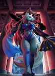  anthro big_breasts breasts canine costume daji_(full_bokko_heroes_x) daji_(fullbokko_heroes) female full_bokko_heroes_x fullbokko_heroes looking_at_viewer low-angle_view lyc mammal red_eyes smile temple video_games worm&#039;s-eye_view 
