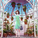  apron arch arm_up blue_sky brown_eyes brown_hair checkered checkered_floor day dome doorway dress florist green_apron greenhouse hanging_plant highres indoors lantern medium_hair one_eye_closed open_door original ost02 plant potted_plant puffy_short_sleeves puffy_sleeves sandals shading_eyes short_sleeves sky solo standing watering_can white_dress window zanshomimai 