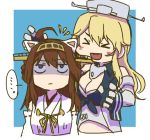 &gt;_&lt; 2girls :d ahoge animal_ears betchan blonde_hair breasts brown_hair cat_ears cleavage commentary_request detached_sleeves eyebrows_behind_hair eyebrows_visible_through_hair fake_animal_ears gloves hat iowa_(kantai_collection) kantai_collection kongou_(kantai_collection) long_hair multiple_girls open_mouth shaded_face smile spoken_ellipsis upper_body 