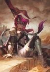  2018 anthro breasts cat clothed clothing curved_horn day detailed_background digital_media_(artwork) feline female hair hybrid kardie mammal outside pink_hair sitting sky solo 