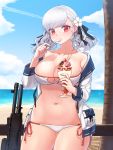  absurdres bangs beach bikini black_ribbon blue_sky blush breasts center_opening cleavage cloud cloudy_sky collarbone commentary day eyebrows_visible_through_hair food girls_frontline gun hair_ribbon highres large_breasts looking_at_viewer narynn ocean outdoors parfait red_eyes ribbon seiza shotgun side-tie_bikini silver_hair sitting sky solo spas-12 spas-12_(girls_frontline) spoon_in_mouth standing swept_bangs swimsuit thighs tree twintails water wavy_hair weapon 