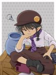  black_footwear black_hair book brown_eyes brown_hat brown_pants chin_rest crate frustrated grey_background hair_between_eyes hat looking_at_viewer mahoujin_guruguru necktie pants pointy_ears ponto1588 pot purple_neckwear raid_(mahoujin_guruguru) sitting solo 