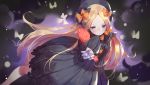  abigail_williams_(fate/grand_order) arm_at_side bangs black_bow black_dress black_hat blonde_hair blue_eyes blush bow bug butterfly closed_mouth commentary_request dress fate/grand_order fate_(series) forehead hair_bow hand_up hat insect long_hair long_sleeves looking_at_viewer object_hug orange_bow parted_bangs polka_dot polka_dot_bow sleeves_past_fingers sleeves_past_wrists solo stuffed_animal stuffed_toy teddy_bear timmy_(tztime) very_long_hair 