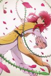  90s fighting_stance flower green_eyes kurama long_hair male_focus petals pink_hair ponto1588 rose sidelocks solo standing whip yuu_yuu_hakusho 