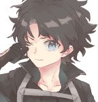  bangs black_gloves black_hair black_jacket blue_eyes closed_mouth collarbone command_spell fate/grand_order fate_(series) fujimaru_ritsuka_(male) gloves hand_up jacket kidhukaji looking_at_viewer male_focus one_eye_closed polar_chaldea_uniform rubbing_eyes simple_background solo uniform white_background 