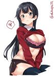  agano_(kantai_collection) alternate_costume bangs black_bra black_hair black_legwear black_neckwear black_skirt blush bra breasts clothes_lift collared_shirt commentary_request ebifurya embarrassed frilled_bra frills green_eyes highres kantai_collection large_breasts long_hair looking_at_viewer miniskirt navel pleated_skirt seiza shiny shiny_skin shirt simple_background sitting skindentation skirt solo spoken_squiggle squiggle stomach sweater sweater_lift thighhighs thighs twitter_username underwear v_arms 