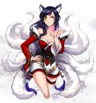  1girl ahri animal_ears bare_shoulders black_hair breasts cleavage large_breasts league_of_legends long_hair 