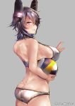  ball bikini blush breasts closed_mouth commentary_request grey_background headgear juurouta kantai_collection large_breasts looking_at_viewer purple_eyes purple_hair simple_background smile swimsuit tenryuu_(kantai_collection) twitter_username white_bikini 