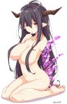  antenna_hair breasts burn_scar cleavage danua draph granblue_fantasy hair_between_eyes hair_over_breasts horns kichihachi large_breasts long_hair nude pointy_ears purple_hair red_eyes scar simple_background sitting smoke soles solo thumb_sucking twitter_username wariza white_background 