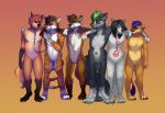  2018 4_toes 5_fingers anthro black_eyes black_fur black_hair black_nose blue_eyes blue_hair brown_fur brown_hair canine cat chest_tuft claws collar dewclaw dog eye_contact featureless_crotch feline fox fozzcat fur green_eyes green_hair green_nose grey_fur grin group hair happy highlights husky leash lion long_hair male mammal mephitid mohawk orange_background orange_fur orange_hair piercing pink_nose red_eyes simple_background skunk smile standing stripes tattoo toes tuft ventusthesox white_fur wolfie_fox zhirone 