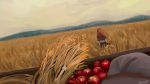  animal_ears apple artist_name brown_hair day dutch_angle facing_away field food fruit highres holo long_hair outdoors scenery solo spice_and_wolf standing teavian17 wagon wheat_field 