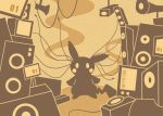 full_body gen_1_pokemon limited_palette looking_at_viewer monochrome no_humans parody pikachu pokachuu pokemon pokemon_(creature) screen sepia shinkai_summit_(vocaloid) silhouette speaker standing wire 