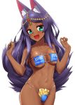  :d animal_ear_fluff animal_ears aqua_eyes armpit_peek arms_up bangs bare_arms bare_shoulders bikini blue_bikini blush breasts breasts_apart circlet clothes_writing collarbone commentary_request cowboy_shot dark_skin eyebrows_visible_through_hair eyeliner eyepatch_bikini fang fate/grand_order fate_(series) gameplay_mechanics gem groin head_tilt highres long_hair looking_at_viewer makeup medium_breasts mikumo_(lpmkookm) navel open_mouth parted_bangs purple_hair queen_of_sheba_(fate/grand_order) sidelocks simple_background skindentation smile solo stomach strapless strapless_bikini swimsuit tail translation_request underboob very_long_hair white_background 