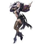  ankle_boots armor bangs black_dress black_legwear book boots bracelet breasts bridal_gauntlets cleavage dark_skin detached_sleeves dress facial_mark feather_trim feathered_wings feathers fingernails fire_emblem fire_emblem:_kakusei fire_emblem_heroes full_body garter_straps hair_ornament high_heels highres holding holding_book inverse_(fire_emblem) jewelry large_breasts long_fingernails long_hair long_sleeves looking_away looking_back nail_polish official_art open_book p-nekor parted_bangs parted_lips red_eyes shiny shiny_clothes shiny_skin short_dress silver_hair smile solo thighhighs transparent_background turtleneck wings 