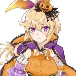  1girl animal_ears blonde_hair blush bow breasts bunny_ears cygames dragalia_lost elbow_gloves elisanne fake_bunny_ears gloves halloween jack_o&#039;_lantern leotard nintendo orange_leotard pumpkin purple_eyes white_elbow_gloves white_gloves 