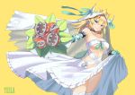  alternate_costume arm_ribbon artist_name bare_shoulders blonde_hair blue_earrings blue_eyes blush bouquet bowsette breasts bridal_legwear bridal_veil brooch cleavage collarbone cowboy_shot dress elbow_gloves fangs_out flower from_side gloves green_gloves green_ribbon hair_between_eyes head_tilt highres hips horn_ribbon horns jewelry large_breasts letterboxed looking_at_viewer mario_(series) navel new_super_mario_bros._u_deluxe no_panties outline pink_lips pink_pupils piranha_plant pointy_ears ponytail qihai_lunpo revealing_clothes ribbon sapphire_(stone) shiny shiny_hair short_hair sidelocks simple_background skirt skirt_lift slit_pupils solo spiked_shell strap super_crown thighhighs thighs toned underboob veil wedding_dress white_dress white_gloves white_legwear wind yellow_background 