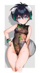  adapted_costume ass_visible_through_thighs bare_shoulders black_hair black_leotard blue_eyes breasts chinese_clothes covered_navel double_bun eyebrows_visible_through_hair floral_print genderswap genderswap_(mtf) hair_between_eyes hand_on_hip highleg highleg_leotard highres houshin_engi leotard looking_at_viewer mimoza_(96mimo414) short_hair small_breasts solo sweatdrop taikoubou thighs tray 
