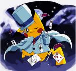  blue_shirt blush_stickers cape card club_(shape) collared_shirt cosplay diamond_(shape) formal gen_1_pokemon hat hat_ribbon kaitou_kid kaitou_kid_(cosplay) long_sleeves magic_kaito meitantei_conan monocle necktie night no_humans one_eye_closed pikachu playing_card pokachuu pokemon pokemon_(creature) red_neckwear ribbon shirt smile spade_(shape) suit top_hat white_cape white_hat 