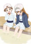  :d backwards_hat bath_yukata commentary_request gobanme_no_mayoi_neko hanten_(clothes) hat hataraku_saibou highres japanese_clothes kimono long_hair multiple_girls onsen open_mouth platelet_(hataraku_saibou) short_hair smile soaking_feet yukata 