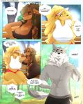  2018 anthro apollo_(cherrikissu) breasts canine cherrikissu cleavage clothed clothing comic digital_media_(artwork) doberaunt dog dogmom ear_piercing facial_piercing female group hi_res male mammal nose_piercing nose_ring outside piercing saluki sibling sisters sitting slightly_chubby tattoo thick_thighs wolf 