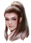  absurdres brigitte_(overwatch) brown_eyes brown_hair eyebrows eyelashes face freckles high_ponytail highres jess_(jess4400) lips long_hair looking_at_viewer nose overwatch ponytail portrait realistic sidelocks solo white_background 