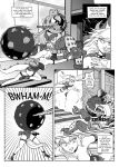  ass bangs bare_shoulders battle bowsette bracelet breasts collar comic commentary crown dress emphasis_lines english english_commentary greyscale highres jewelry left-to-right_manga mace mario_(series) mechanical_arms monochrome motion_lines new_super_mario_bros._u_deluxe pencils_(artist) robot spiked_armlet spiked_bracelet spiked_collar spiked_shell spiked_tail spikes strapless super_crown tail weapon 