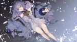  absurdres breasts dress hair_ribbon highres iron_saga jacket long_hair looking_at_viewer looking_up lying no_feet on_back petals purple_eyes purple_hair ribbon small_breasts solo teresa_(iron_saga) water white_dress yamanashi_kawanashi 