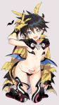  :d bat bat_wings black_hair blue_eyes boots cameltoe cape demon_girl demon_horns demon_tail eyebrows_visible_through_hair fang flat_chest full_body genderswap genderswap_(mtf) gloves hair_between_eyes high_heel_boots high_heels highres horns houshin_engi kneeling looking_at_viewer low_wings mimoza_(96mimo414) navel open_mouth pointy_ears pubic_tattoo revealing_clothes short_hair smile solo succubus taikoubou tail tattoo v v-shaped_eyebrows wings yellow_gloves 
