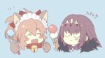  :d animal_ear_fluff animal_ears bangs bell bell_collar blue_background blush_stickers bow brown_hair closed_eyes collar double_scoop eighth_note eyebrows_visible_through_hair fangs fate/grand_order fate_(series) feather_trim food fox_ears gloves hair_between_eyes hair_bow headpiece holding holding_food ice_cream ice_cream_cone ice_cream_scoop jingle_bell kidhukaji maid_headdress multiple_girls musical_note open_mouth paw_gloves paws purple_hair red_bow red_collar scathach_(fate)_(all) scathach_skadi_(fate/grand_order) sidelocks simple_background smile tamamo_(fate)_(all) tamamo_cat_(fate) translation_request v-shaped_eyebrows 