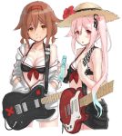  bikini black_bikini black_sarong blue_hair braid breasts brown_eyes brown_hair cleavage cowboy_shot electric_guitar gradient_hair guitar hairband hands_in_pockets harusame_(kantai_collection) hat hayashi_naoharu instrument jacket kantai_collection looking_at_viewer low_twintails medium_breasts multicolored_hair multiple_girls pink_hair red_eyes red_hairband sarong shiratsuyu_(kantai_collection) short_hair side_ponytail simple_background straw_hat swimsuit twin_braids twintails white_background white_jacket 