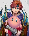  armor bandana blue_eyes cape carrying fingerless_gloves fire_emblem fire_emblem:_fuuin_no_tsurugi gloves holding kirby kirby_(series) looking_at_viewer pauldrons red_hair roy_(fire_emblem) smile super_smash_bros. tsuko_(25mnts) 