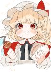  :i alternate_costume bangs black_neckwear black_ribbon blonde_hair blush bow commentary_request cropped_torso crystal flandre_scarlet food gotoh510 hat hat_bow highres holding holding_food long_hair looking_at_viewer mob_cap neck_ribbon one_side_up red_bow red_eyes ribbon simple_background solo takoyaki touhou translated upper_body white_background white_hat wings wrist_cuffs 