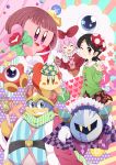  2girls :d ;) adeleine bandana bandana_waddle_dee bird black_hair black_skirt blush_stickers brown_eyes buttons closed_eyes green_sweater hair_ornament hand_up hat heart highres king_dedede kirby kirby's_dream_land kirby_(series) kracko mask meta_knight multiple_girls one_eye_closed open_mouth penguin polka_dot ponto1588 red_hat skirt smile staff star sweater tilted_headwear waddle_doo wig x_hair_ornament 