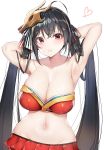  adapted_costume ahoge armpits arms_behind_head azur_lane bangs bare_shoulders bikini black_hair blush breasts cleavage collarbone commentary_request eyebrows_visible_through_hair groin hair_between_eyes hair_ornament hair_ribbon heart highres huge_breasts large_breasts long_hair looking_at_viewer mask mask_on_head miniskirt navel pleated_skirt red_eyes red_ribbon red_skirt ribbon shiny shiny_skin sidelocks simple_background skindentation skirt smile solo stomach striped striped_ribbon swimsuit taihou_(azur_lane) twintails very_long_hair white_background yayoichi_(yoruyoru108) 